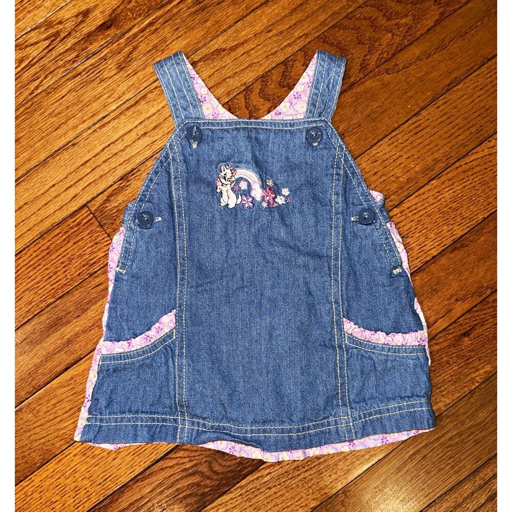 Vintage Y2K Disney Baby Marie The Aristocats Denim Jumper Dress Floral 3-6M